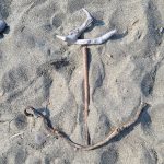 Photo shows driftwood in the sand, that's been arranged to look like an Anchor.